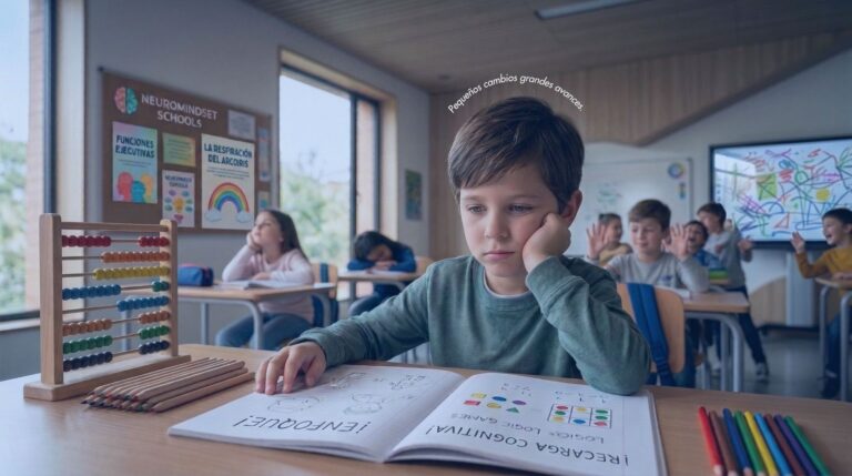 Niño con fatiga cognitiva y falta de atención en un aula de infantil, reflejando el Brain Fog escolar y la necesidad de entrenamiento neurocognitivo