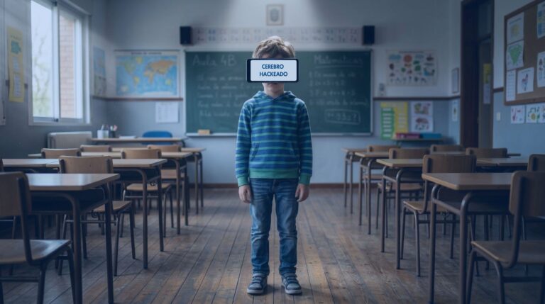 Impacto de la tecnología en la educación: imagen de un niño con el cerebro hackeado por la dopamina digital, situado en el centro de una clase