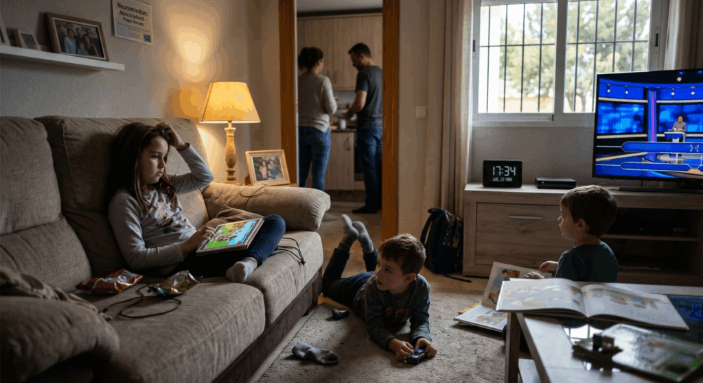 Una fotografía hiperrealista de una sala de estar moderna y acogedora con poca luz. Una niña está sentada en un sofá gris, distraída, tocándose el cabello con una mano mientras mira una tableta en su regazo. En el suelo, un niño más pequeño está acostado boca abajo sobre la alfombra, sosteniendo distraídamente un pequeño juguete, con la mirada perdida. Otro niño está sentado cerca, de espaldas a la cámara, con un libro abierto pero mirando hacia arriba y hacia la izquierda. Al fondo, a través de una puerta abierta, se ve a dos adultos de pie en una cocina. La televisión está encendida en la sala, mostrando un programa borroso, y hay una ventana a la derecha. La iluminación es suave y cálida.