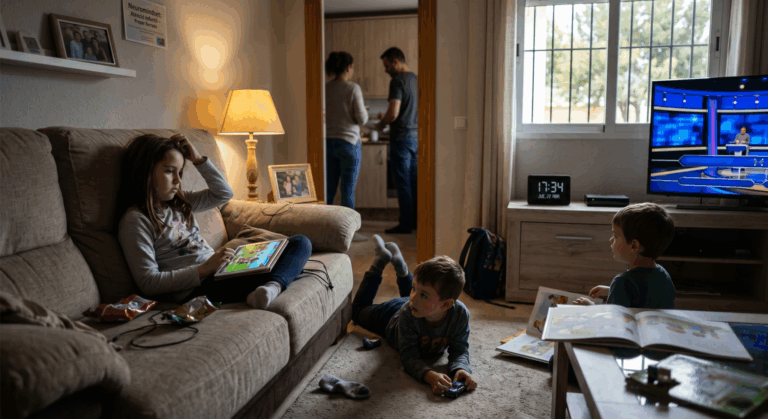 Una fotografía hiperrealista de una sala de estar moderna y acogedora con poca luz. Una niña está sentada en un sofá gris, distraída, tocándose el cabello con una mano mientras mira una tableta en su regazo. En el suelo, un niño más pequeño está acostado boca abajo sobre la alfombra, sosteniendo distraídamente un pequeño juguete, con la mirada perdida. Otro niño está sentado cerca, de espaldas a la cámara, con un libro abierto pero mirando hacia arriba y hacia la izquierda. Al fondo, a través de una puerta abierta, se ve a dos adultos de pie en una cocina. La televisión está encendida en la sala, mostrando un programa borroso, y hay una ventana a la derecha. La iluminación es suave y cálida.